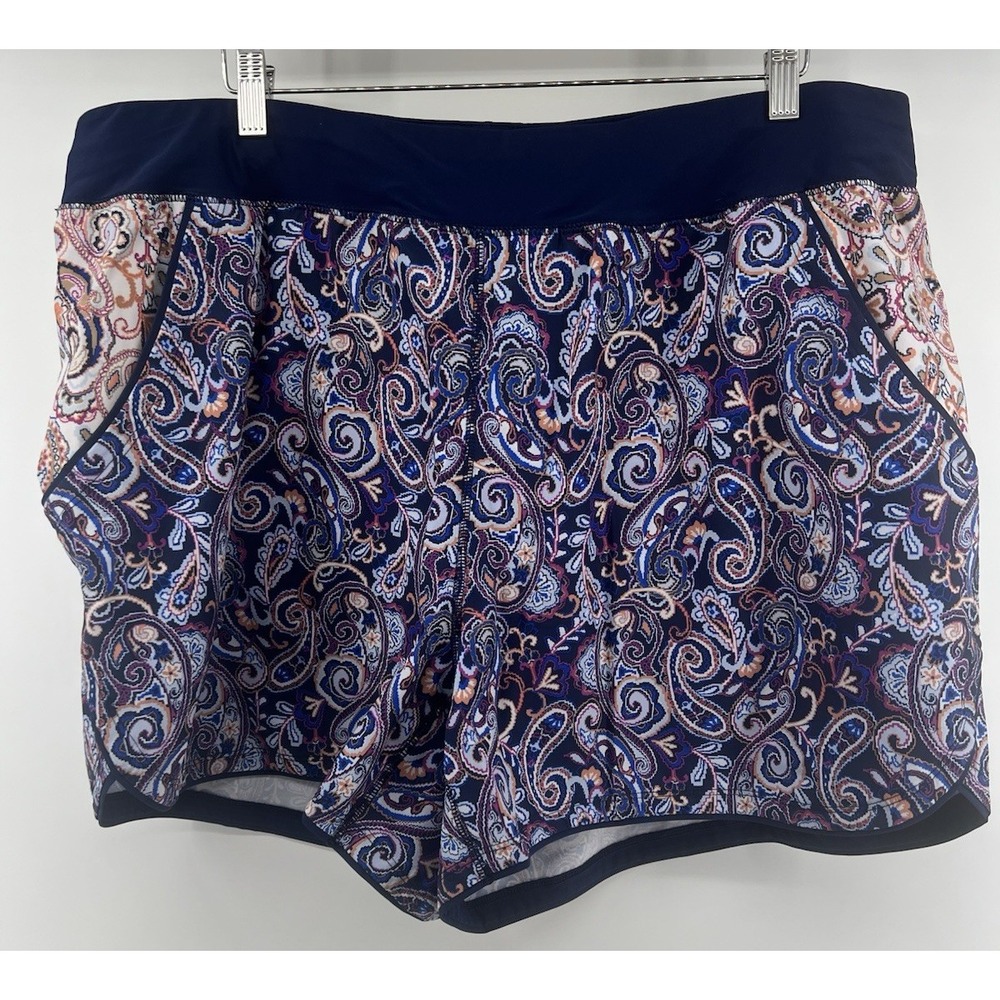 Lands' End 24W Navy Blue Paisley Swim Shorts With Pockets Quick Dry 5" Inseam